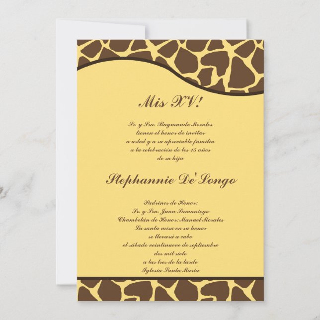 5x7 Brown Yellow Giraffe Quinceanera Party Invite (Front)