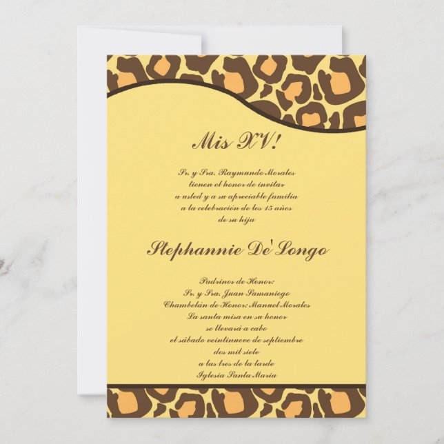5x7 Brown Yellow Leopard Quinceanera Party Invite (Front)