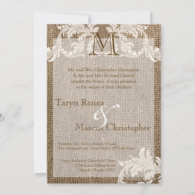 5x7 Burlap and Lace Monogram Wedding Invitation (Front)