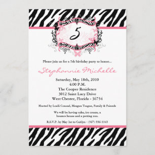 5x7 Butterfly Zebra Print Birthday Part Invitation