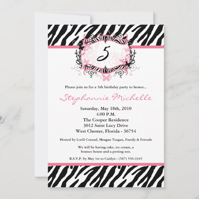 5x7 Butterfly Zebra Print Birthday Part Invitation (Front)