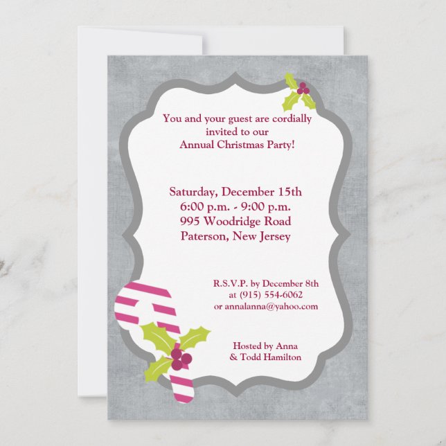 5x7 Candy Cane and Holly Christmas Invitation (Front)