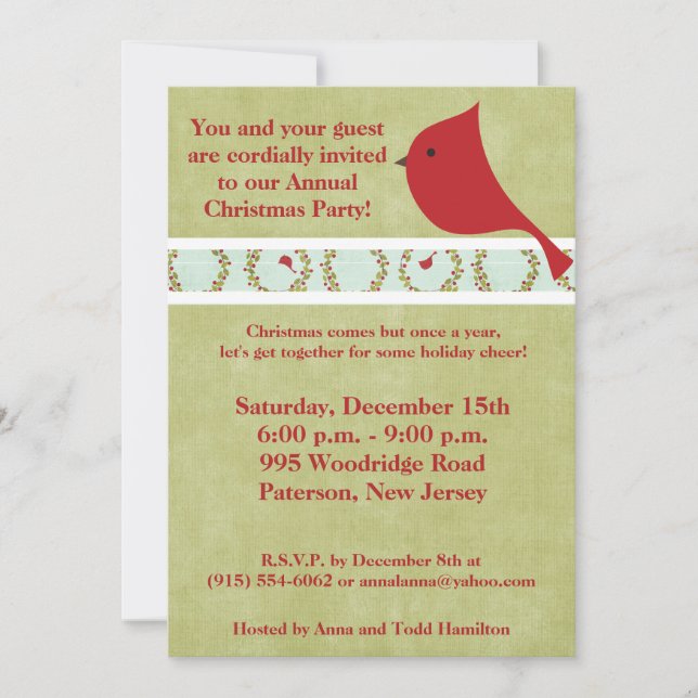 5x7 Cardinal Christmas Bird Invitation (Front)