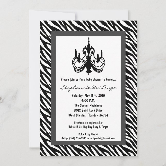 5x7 Chandelier Black Zebra Baby Shower Invitation (Front)