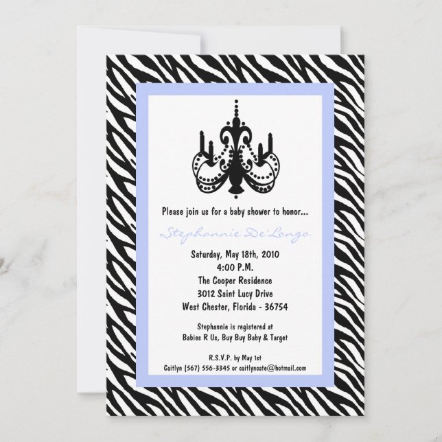 5x7 Chandelier Blue Zebra Baby Shower Invitation (Front)