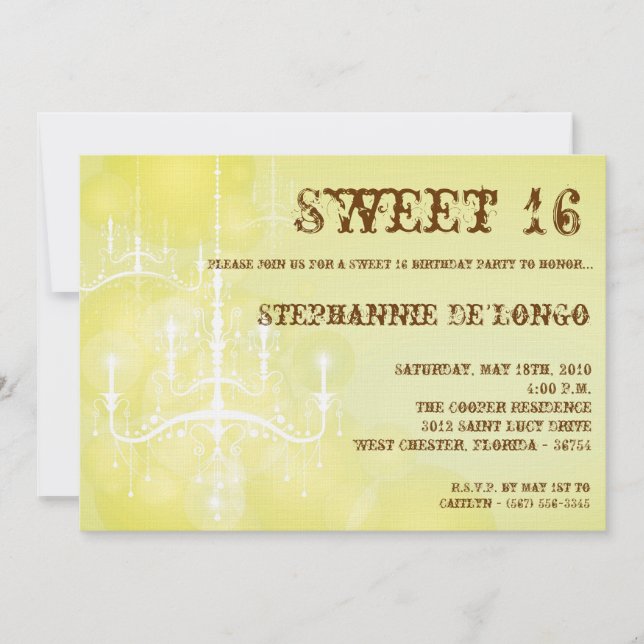5x7 Chandelier jaune doux 16 Invitation anniversai (Devant)
