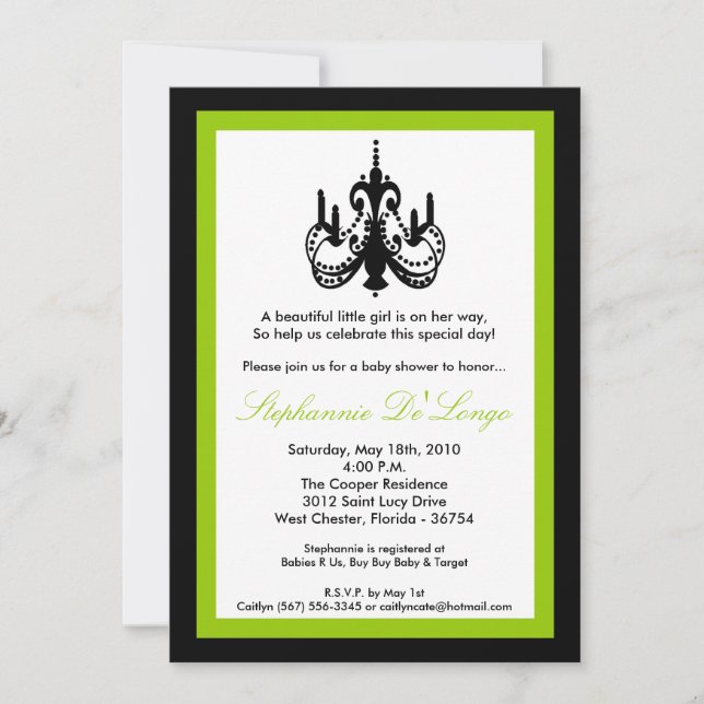 5x7 Chandelier Lime Green Baby Shower Invitation (Front)