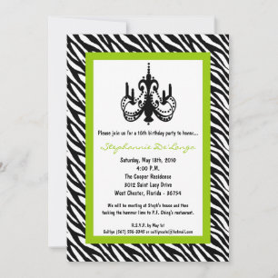 5x7 Chandelier Lime Zebra 16th Birthday Invitation