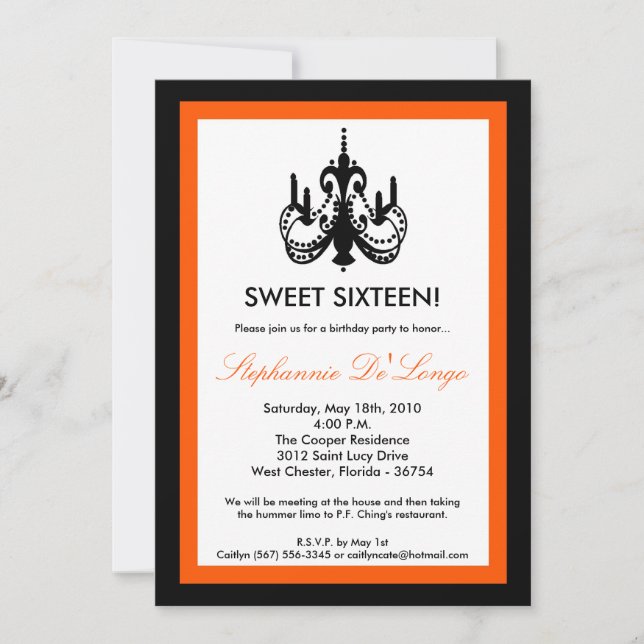 5x7 Chandelier Orange 16 Anniversaire Invitation (Devant)