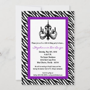 5x7 Chandelier Purp Zebra 16th Birthday Invitation