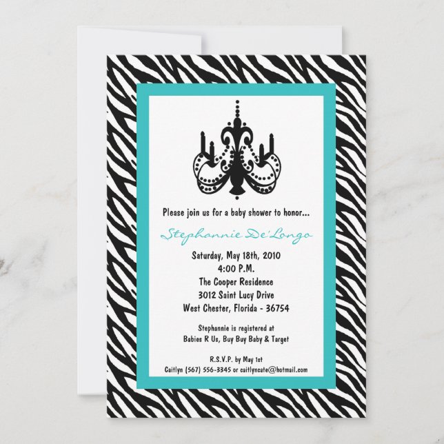 5x7 Chandelier Teal Zebra Baby Shower Invitation (Front)