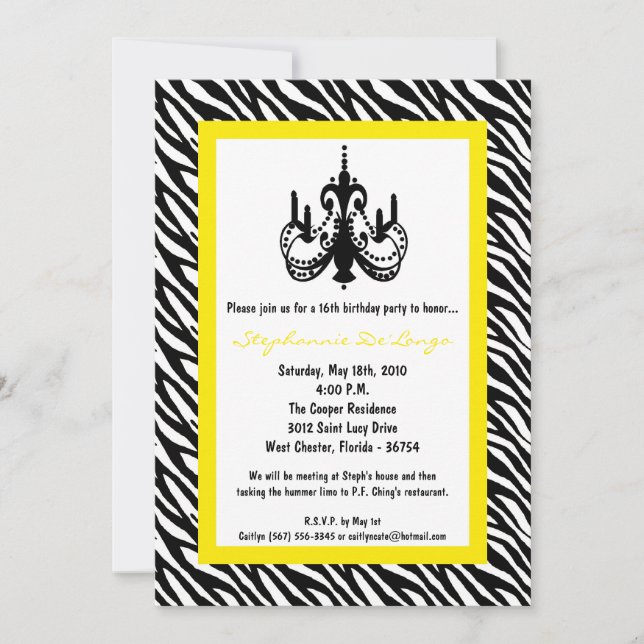 5x7 Chandelier Yell Zebra 16th Birthday Invitation (Front)