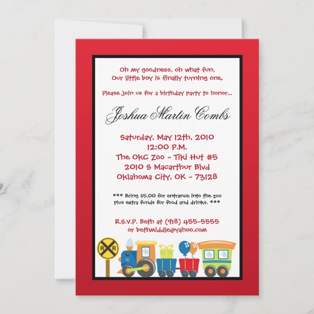 5x7 Choo Choo Train Red Birthday Party Invitation (Front)
