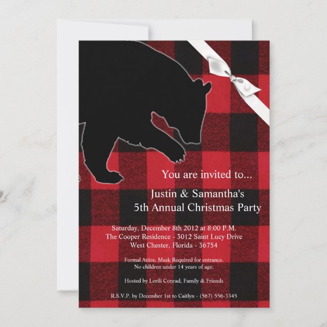 5x7 Christmas Invitation Red Plaid Black Bear (Front)