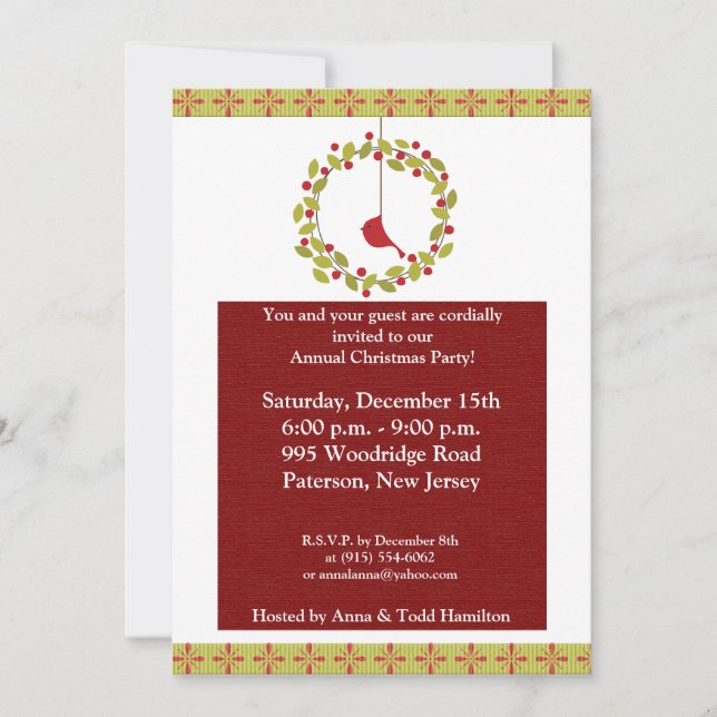 5x7 Christmas Reef / Cardinal Bird Invitation (Front)