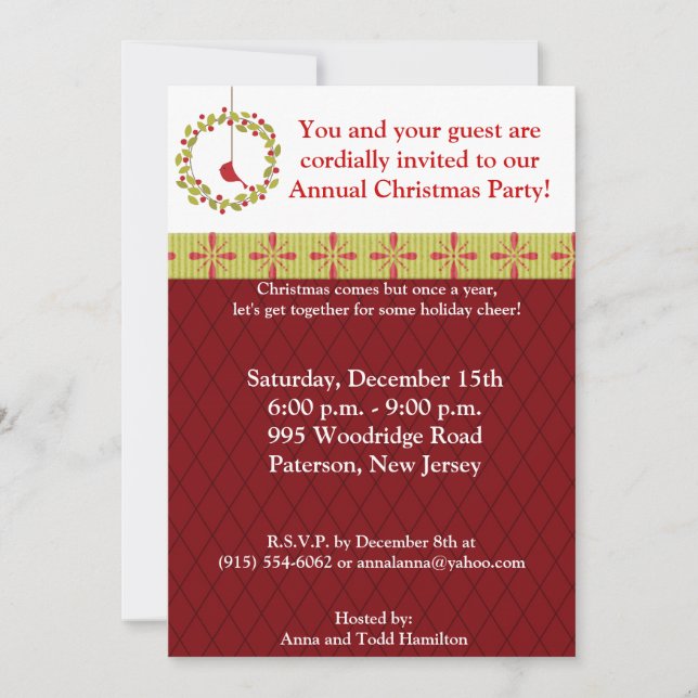 5x7 Christmas Reef / Cardinal Bird Invitation (Front)