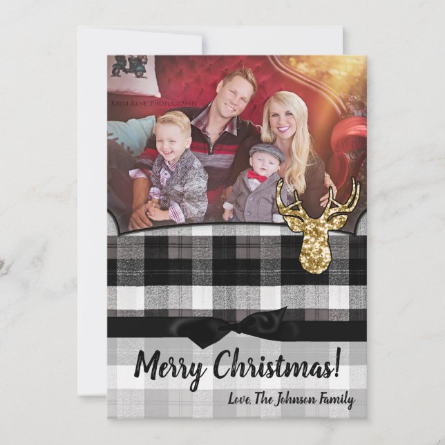 5x7 Christmas XMAS Black Plaid Deer PHOTO Card (Front)