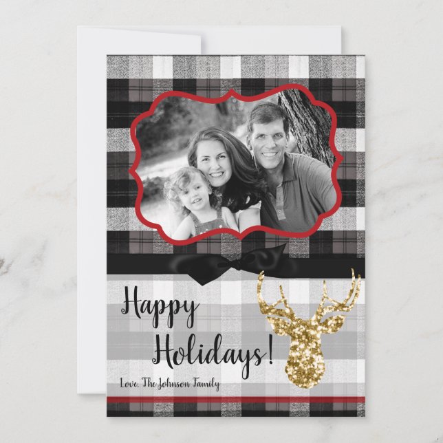 5x7 Christmas XMAS Black Plaid Deer PHOTO Card (Front)