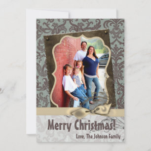 5x7 Christmas XMAS Blue Damask Fabric PHOTO Card