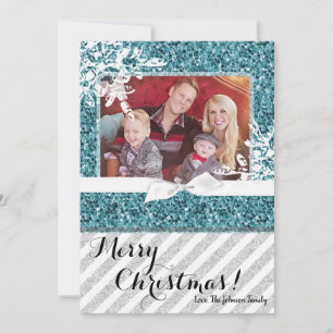 5x7 Christmas XMAS Blue Glitter Snowfla PHOTO Card