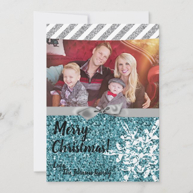 5x7 Christmas XMAS Blue Glitter Snowfla PHOTO Card (Front)
