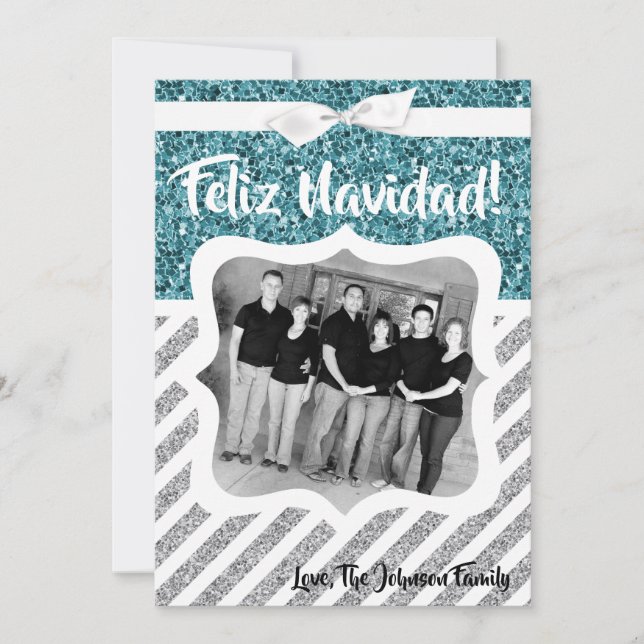 5x7 Christmas XMAS Blue Glitter Snowfla PHOTO Card (Front)