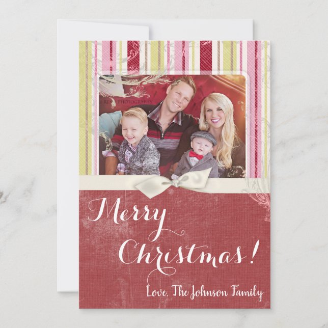 5x7 Christmas XMAS Green Striped Fabric PHOTO Card (Front)