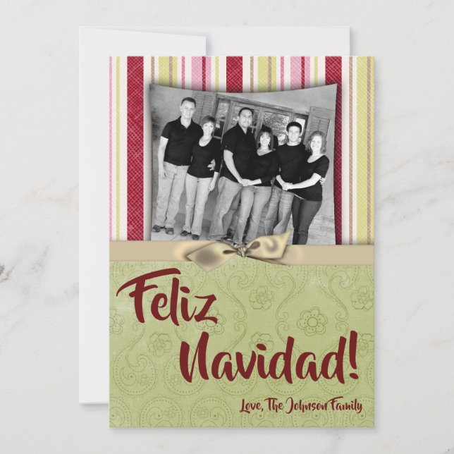 5x7 Christmas XMAS Green Striped Fabric PHOTO Card (Front)