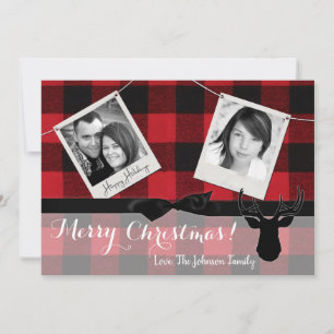 5x7 Christmas XMAS Red Black Plaid Deer PHOTO Card