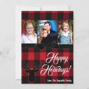 5x7 Christmas XMAS Red Black Plaid Deer PHOTO Card