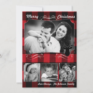 5x7 Christmas XMAS Red Black Plaid Deer PHOTO Card