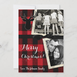 5x7 Christmas XMAS Red Black Plaid Deer PHOTO Card