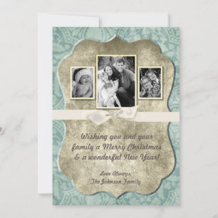 5x7 Christmas XMAS Winter Blue Damask PHOTO Card