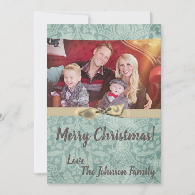 5x7 Christmas XMAS Winter Blue Damask PHOTO Card (Front)