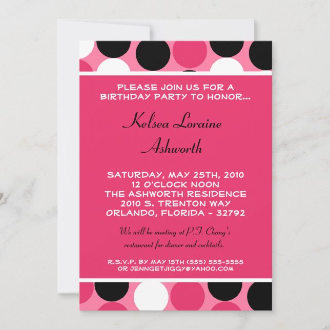 5x7 Colourful Pink Polka Dot Birthday Invitation (Front)