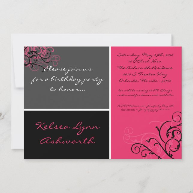 5x7 Colourful Pink Square Bo Birthday Invitation (Front)