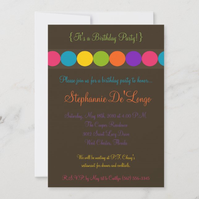 5x7 Colourful Polka Dot Birthday Party Invitation (Front)