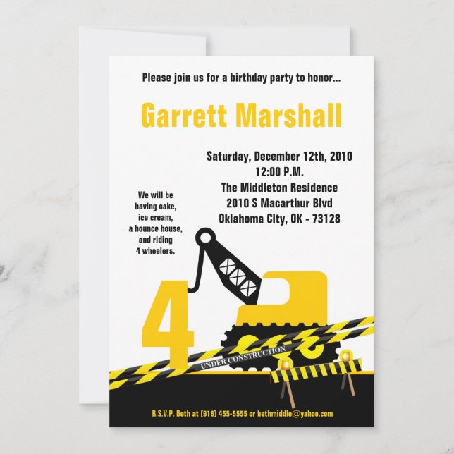 5x7 Construction Dozer Crane Birthday Invitation (Front)