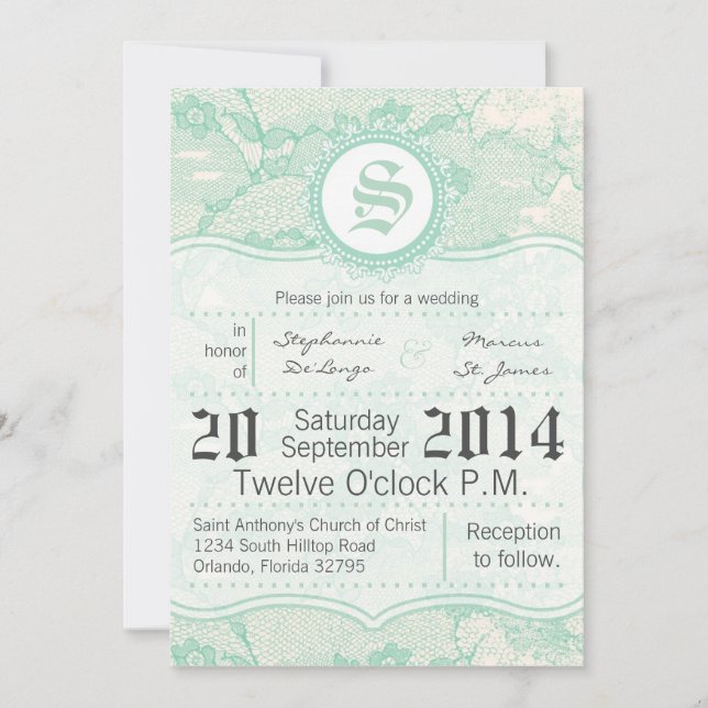 5x7 Country Mint Lace Print Wedding Invitation (Front)