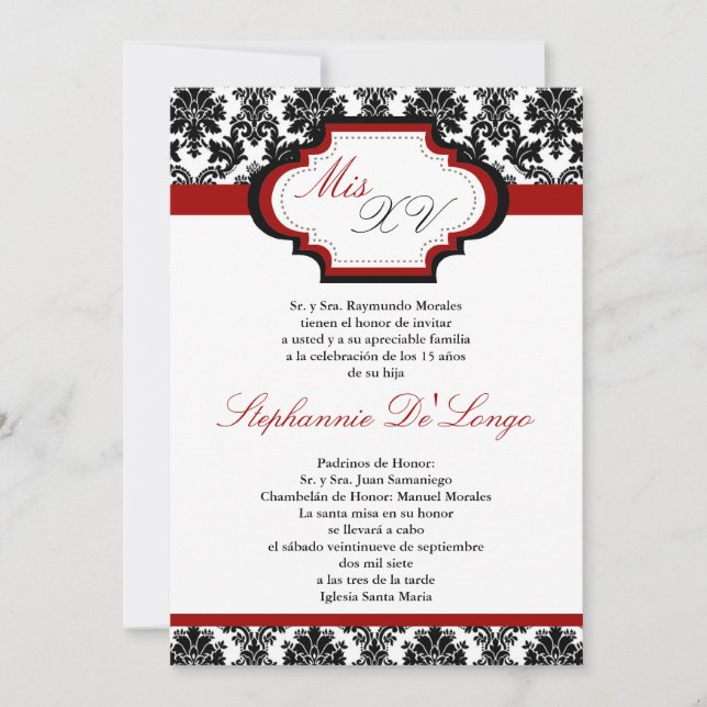 5x7 Crimson Red Damask Quinceanera Invitation (Devant)