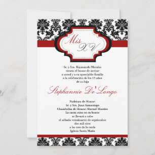 5x7 Crimson Red Damask Quinceanera Invitation