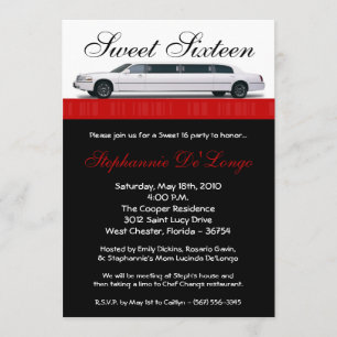 5x7 Crimson Red Limo Sweet 16 Birthday Invitation