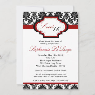 5x7 CrimsonRed Damask Sweet 16 Birthday Invitation
