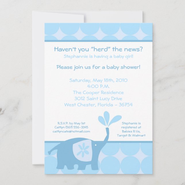 5x7 Cute Blue Elephant Baby shower Invitation (Devant)