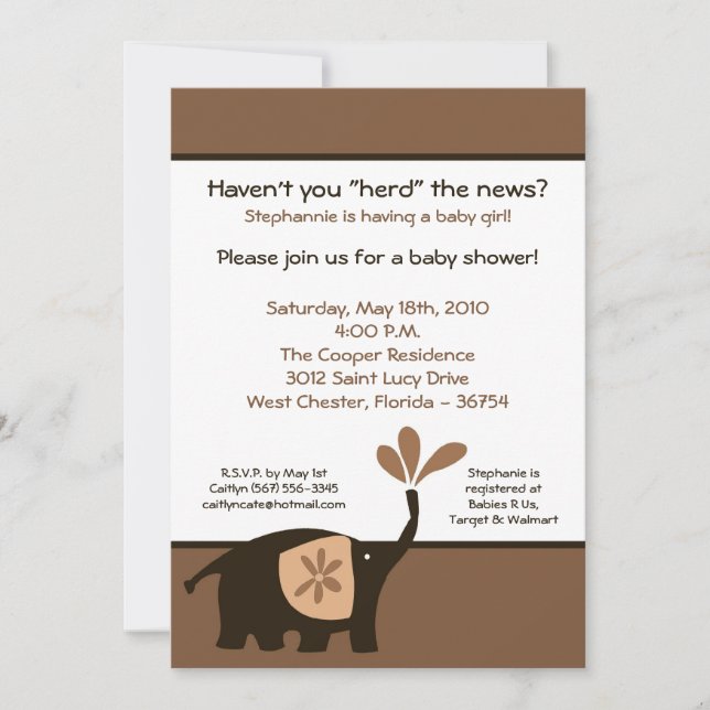 5x7 Cute Brown Elephant Baby shower Invitation (Devant)