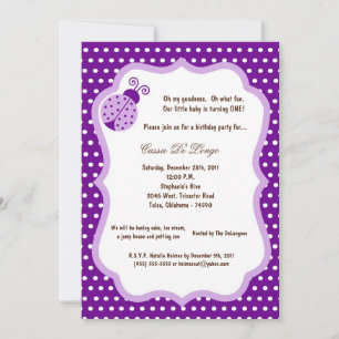 5x7 Dark Purple Lady Bug Birthday Party Invite