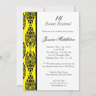 5x7 Dark Yellow Damask Birthday Party Invitation