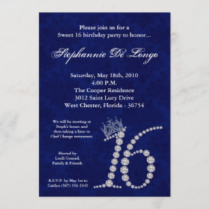 5x7 Diamond Saphire Sweet 16 Birthday Invitation