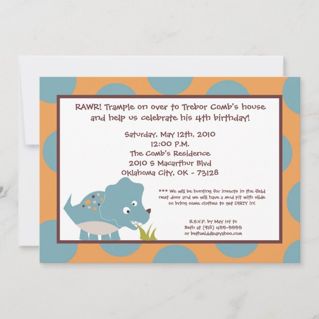 5x7 Dinosaur Dino Tricer Birthday Party Invitation (Front)
