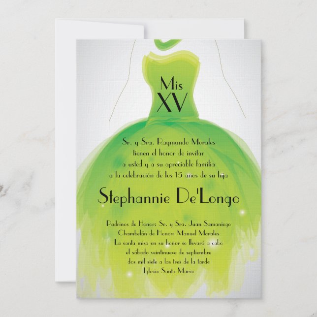 5x7 Dress vert Quinceanera Invitation d'anniversai (Devant)
